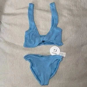 NWT Hunza G Juno Bikini Set Blue Sky Crinkle New Stretchy One Size Swimsuit Cute